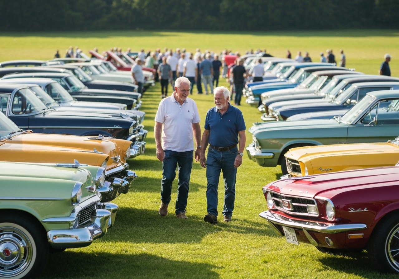 Two retired enthusiasts walking a row of polished vintage cars at an outdoor classic car show