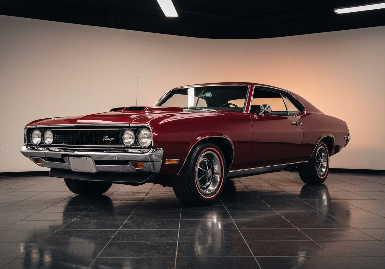 Burgundy 1969 American muscle car with chrome trim displayed in a collector showroom