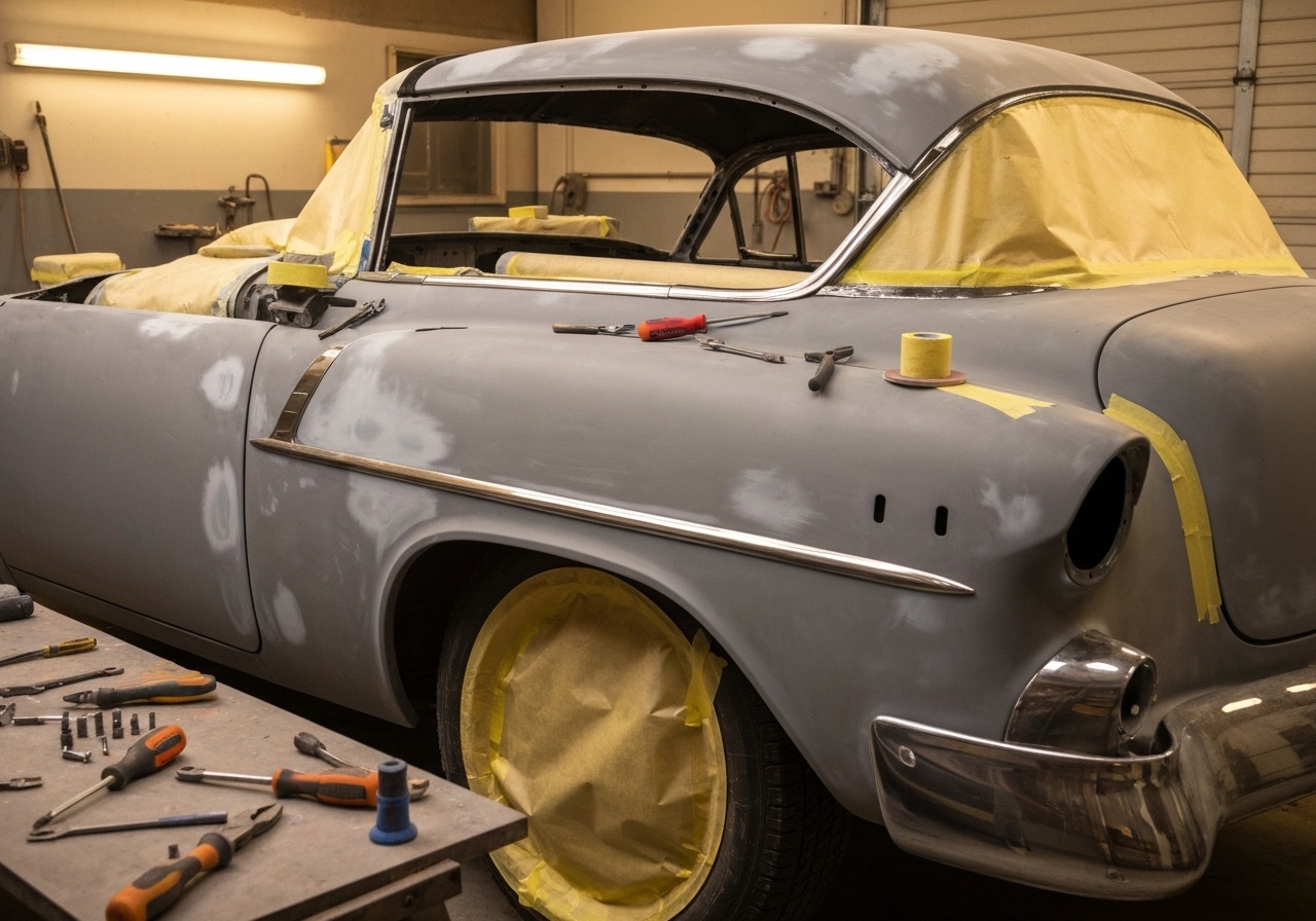 Classic American car mid-restoration, body in grey primer with one polished chrome fender