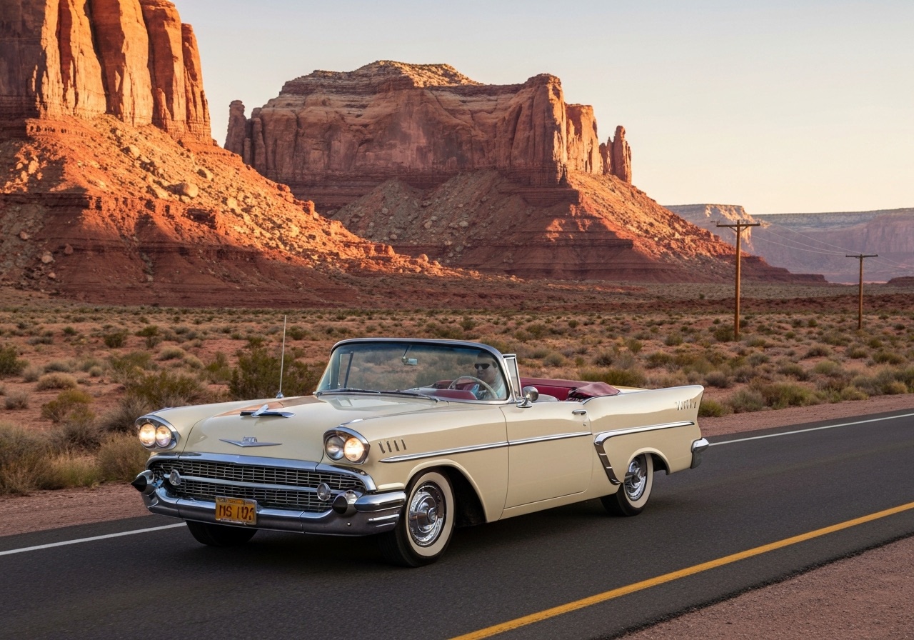 Cream vintage 1957 convertible driving an empty Route 66 desert highway at sunset