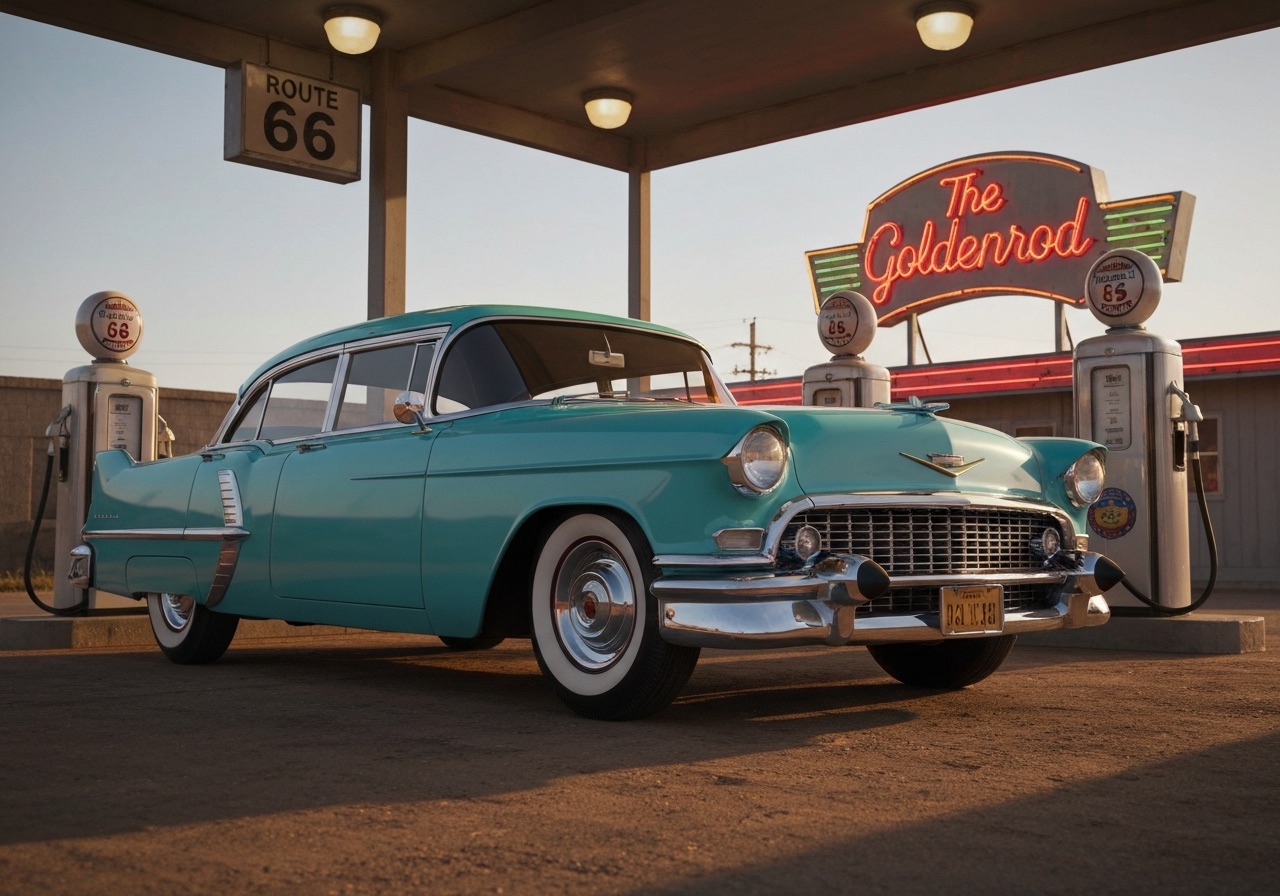 Turquoise 1955 classic car parked at a restored Route 66 gas station with retro fuel pumps