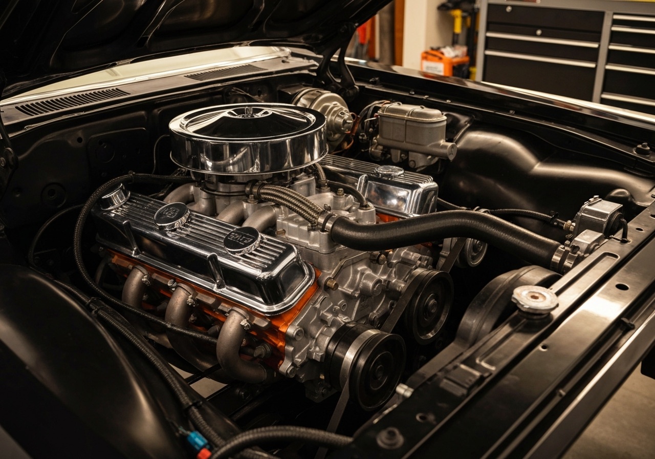 Fully restored polished chrome V8 engine inside the engine bay of a classic American car