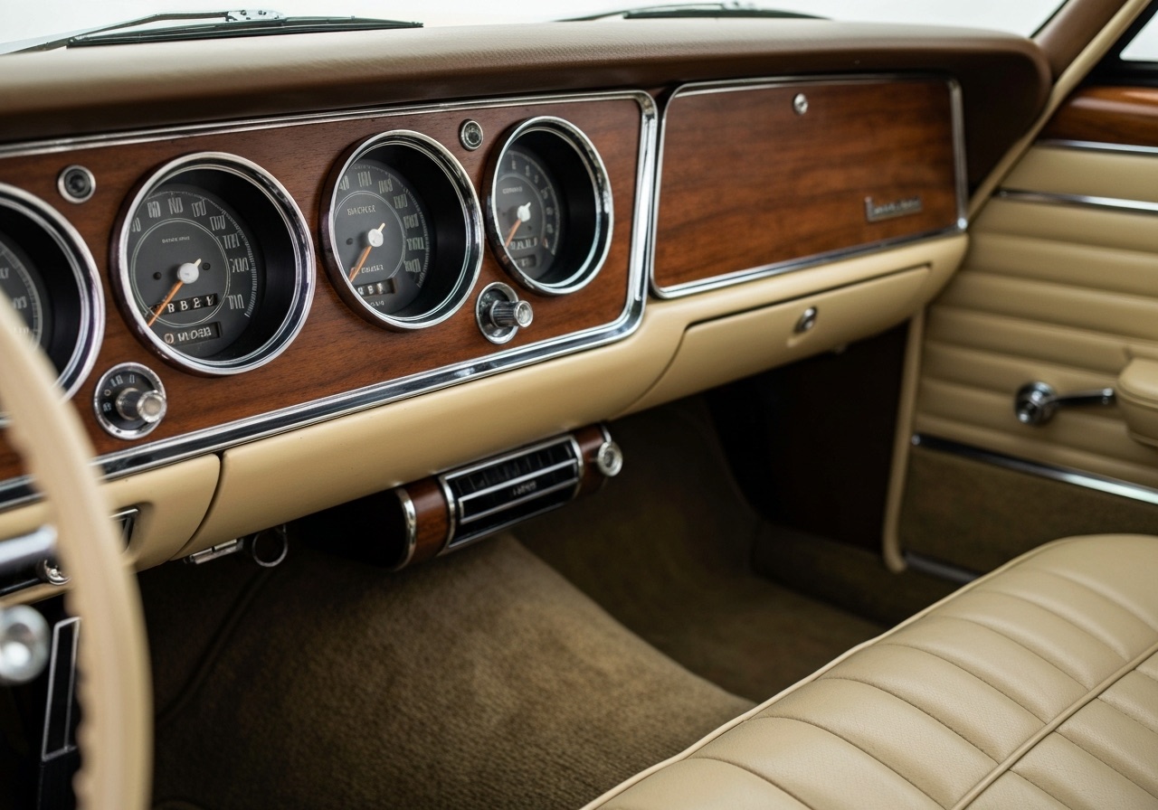 Vintage classic car dashboard with round chrome-rimmed analog gauges and a cream Bakelite panel
