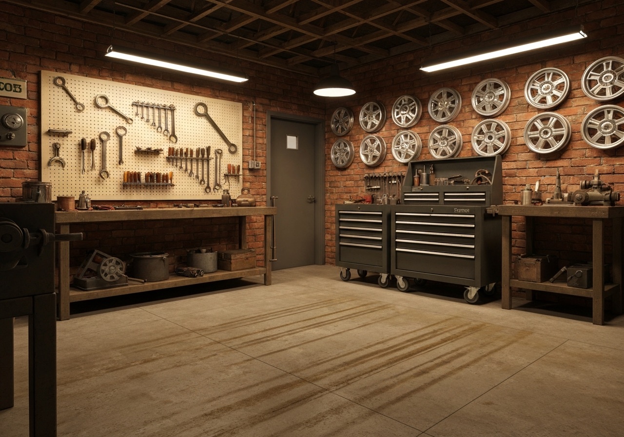 Interior of a vintage 1950s automotive garage with pegboard tools and a rolling tool chest