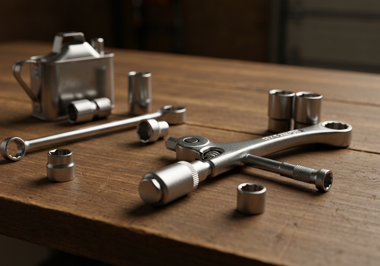 Vintage chrome wrenches, sockets and an oil can laid out on a worn wooden workbench